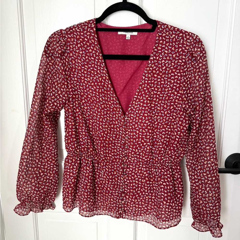 Madewell Red Smocked Fitted Blouse